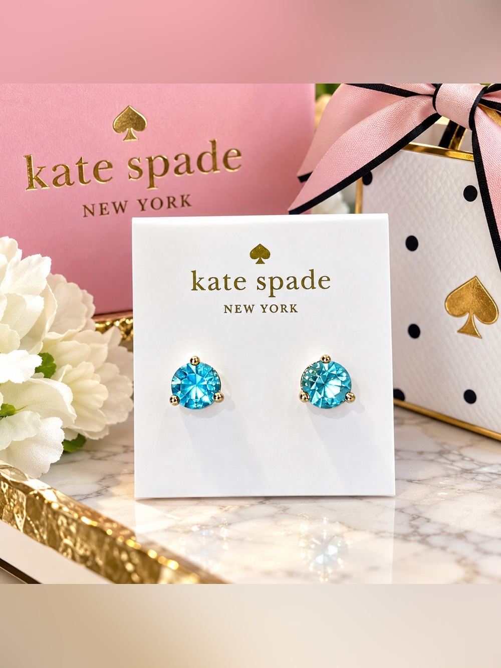 Kate Spade New York Rise and Shine Aquamarine Blue Crystal Stud Earrings NWT